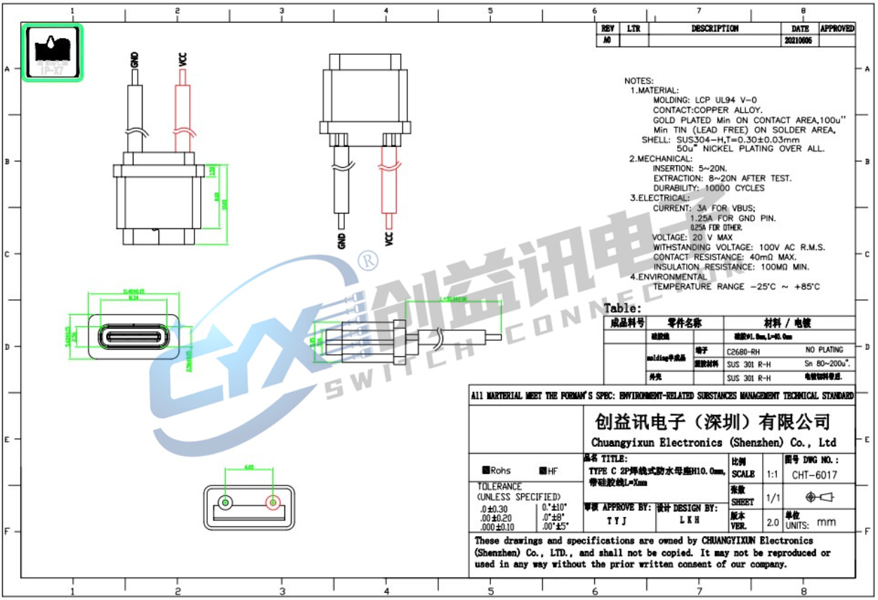 TYPE-C 2P焊線式防水母座 CHT-6017(圖1)