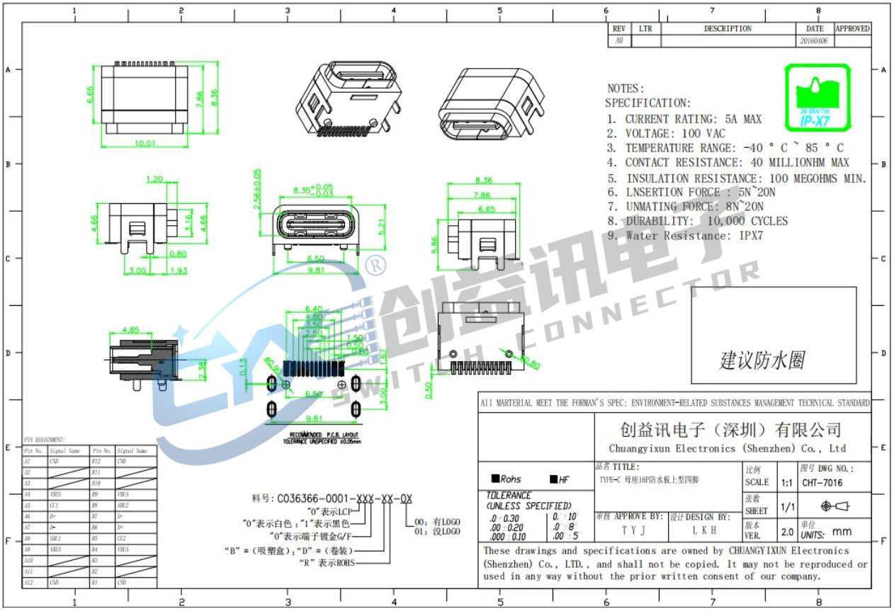 TYPE-C 16PIN 板上兩腳全貼母座 CHT-7016(圖1)