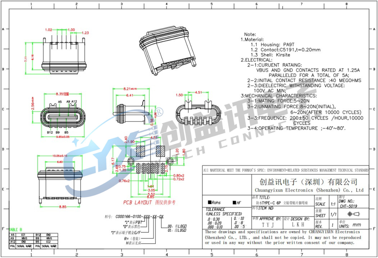 TYPE-C 6P 立貼帶貼片腳母座 CHT-5019(圖1)