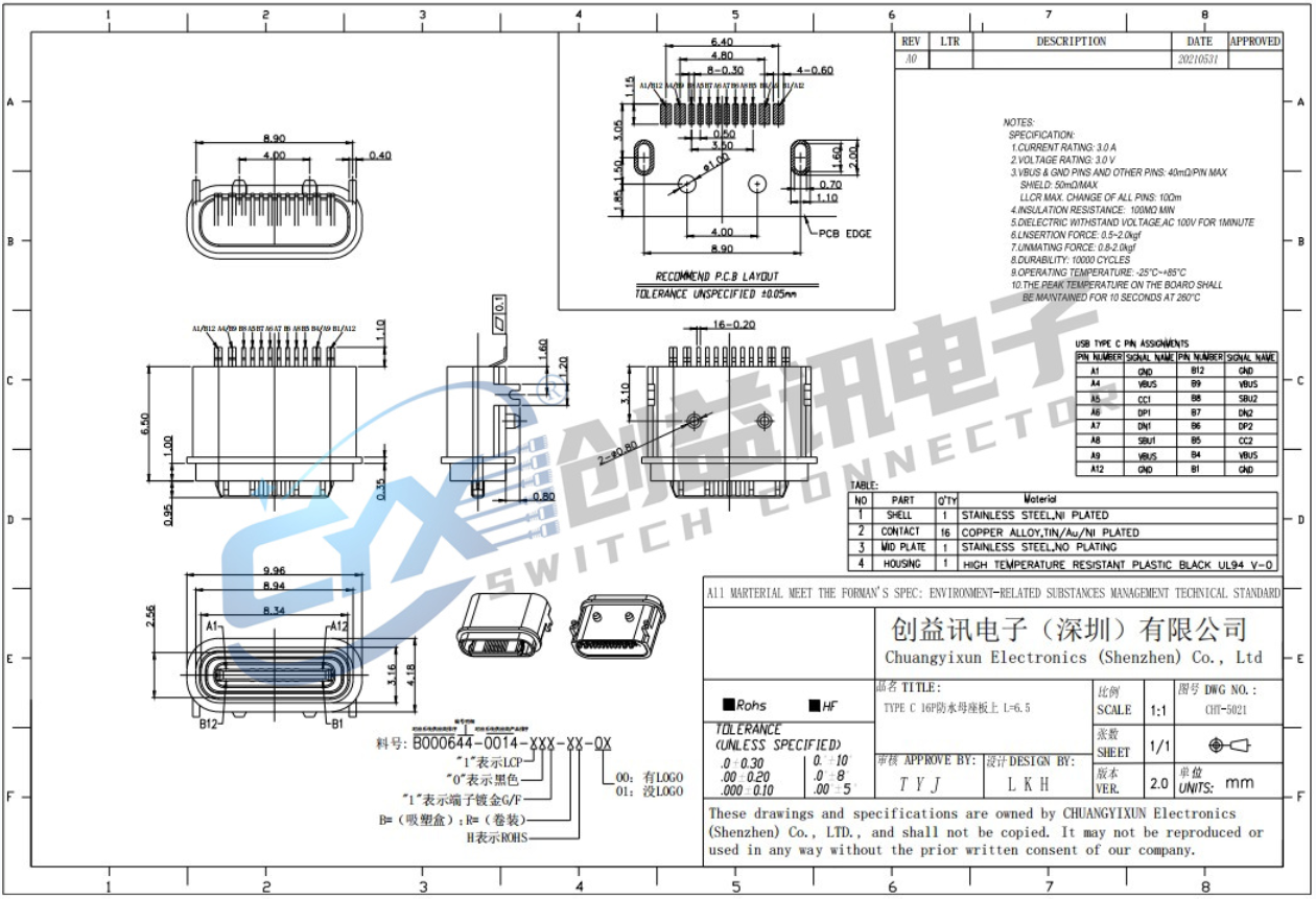 TYPE-C  16P  板上防水母座  CHT-5021(圖1)