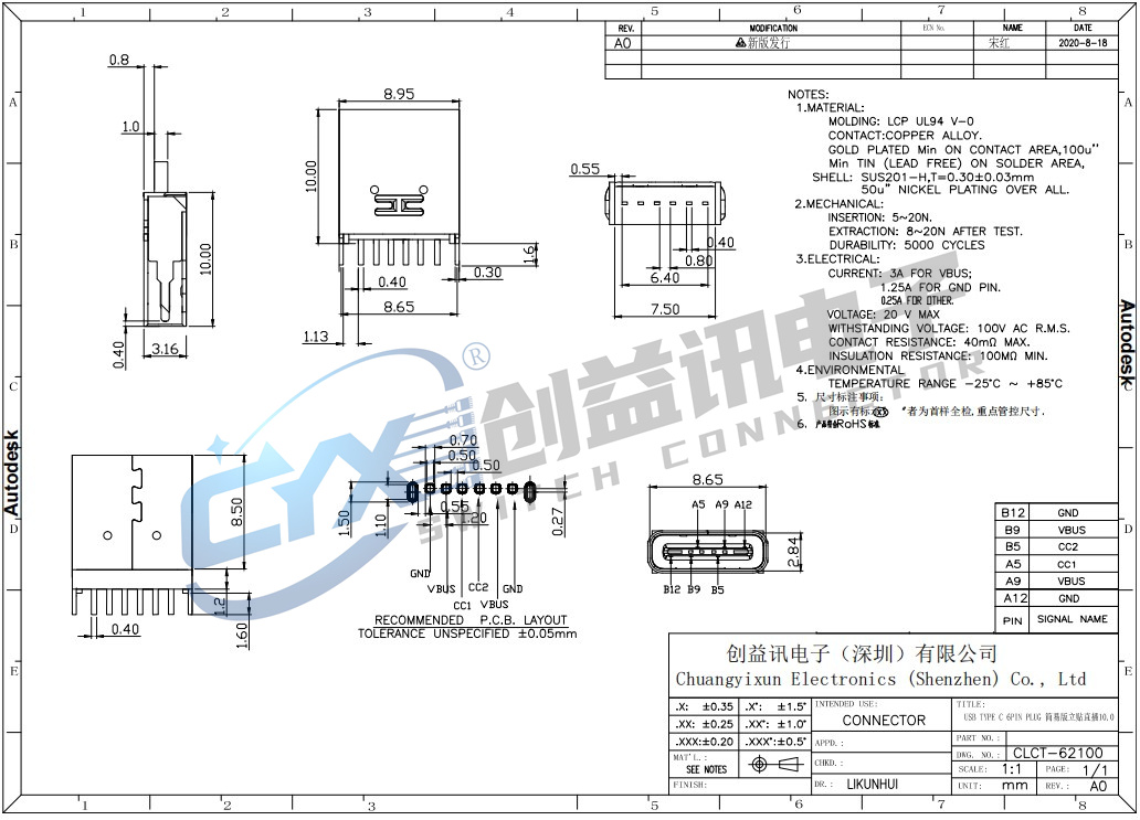 TYPE C 6PIN PLUG 簡(jiǎn)易版立貼直插10.0   CLCT-62100(圖1)