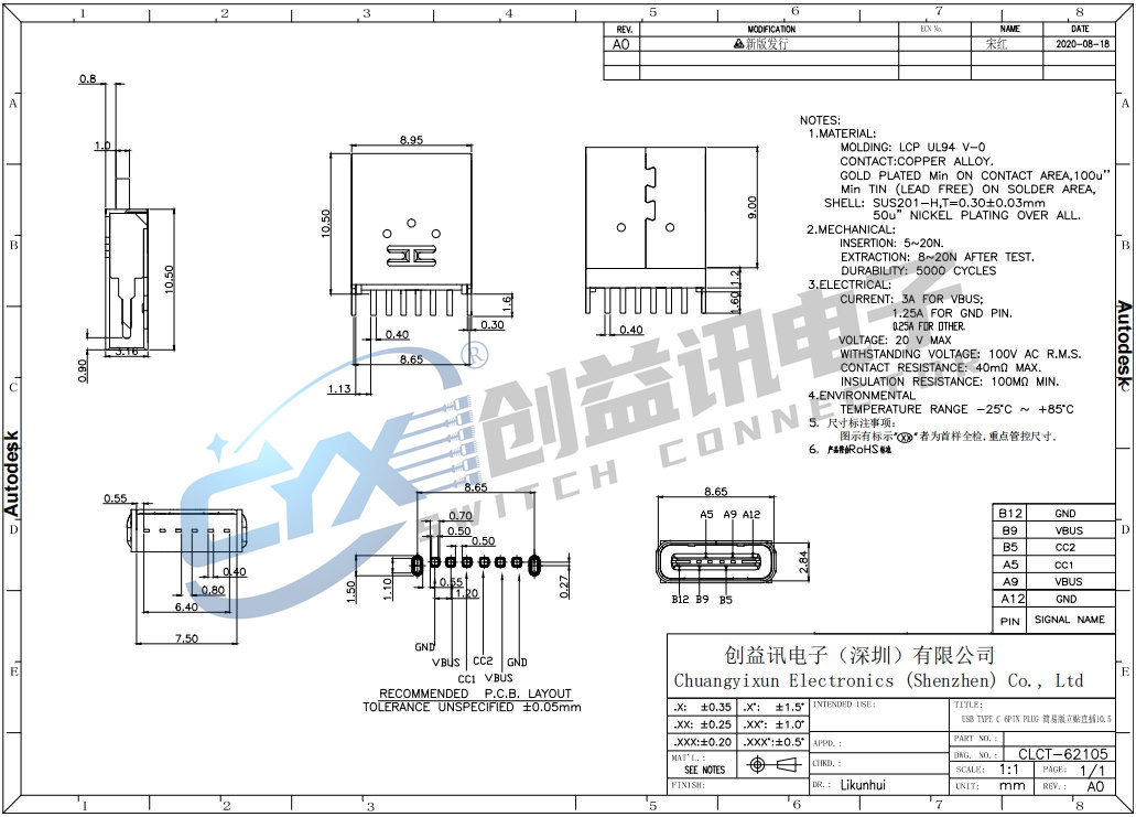 TYPE C 6PIN PLUG 簡易版立貼直插10.5   CLCT-62105  (圖1)
