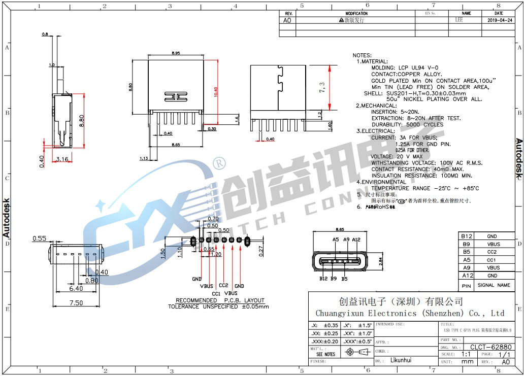 TYPE C 6PIN PLUG 簡易版立貼直插8.8  CLCT-62880(圖1)