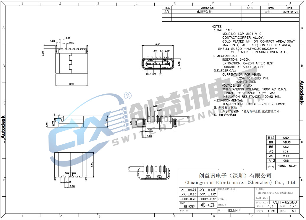 USB TYPE C 6PIN PLUG 簡(jiǎn)易版立貼6.8  CLTT-62680(圖1)