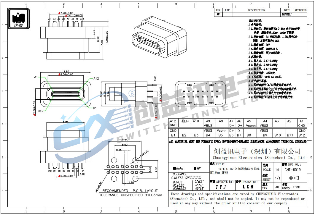YPE C 16P立插四腳防水母座H7.6mm IPX8  CHT-6019(圖1)