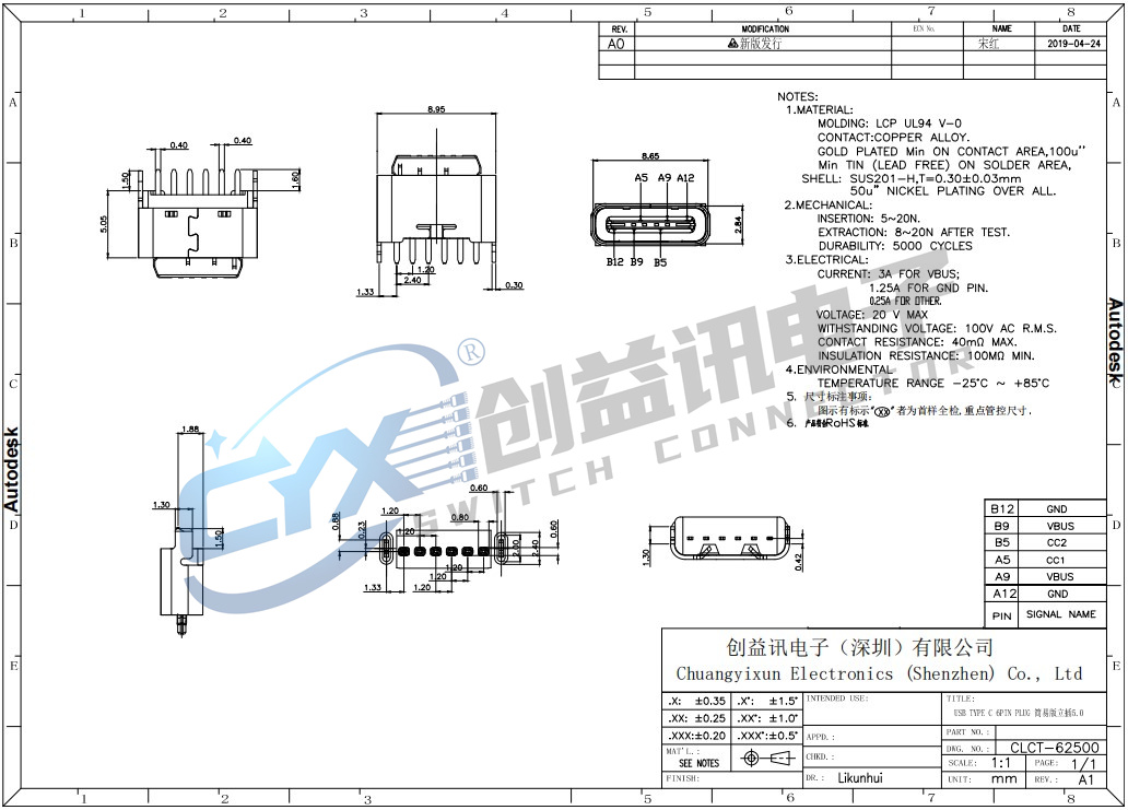 USB TYPE C 6PIN PLUG 簡(jiǎn)易版立插5.0  CLCT-62500(圖1)