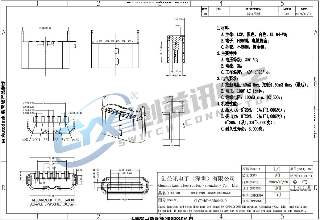 TYPE C 6P母座 180度SMT H=5.1腳長(zhǎng)2.0  CLTT-DT-62500-2.0(圖1)