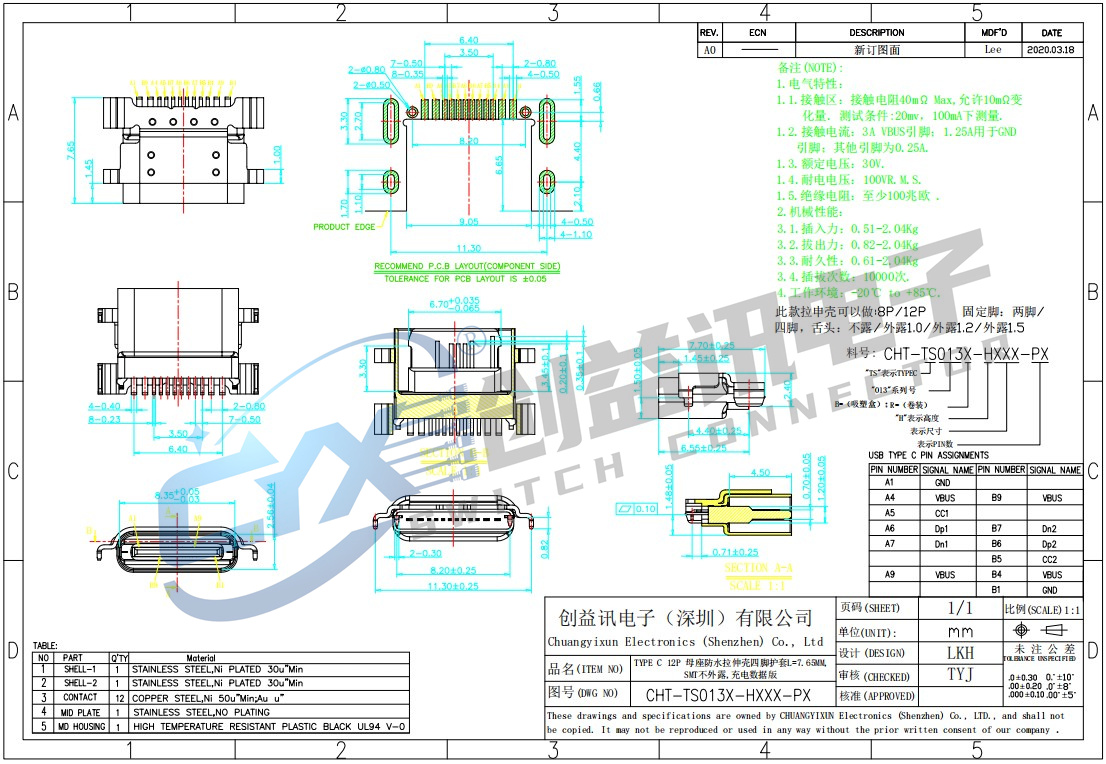TYPE C 12P 母座防水拉伸殼四腳護(hù)套L=7.65MM,CHT-TS013X-HXXX-PX(圖1)