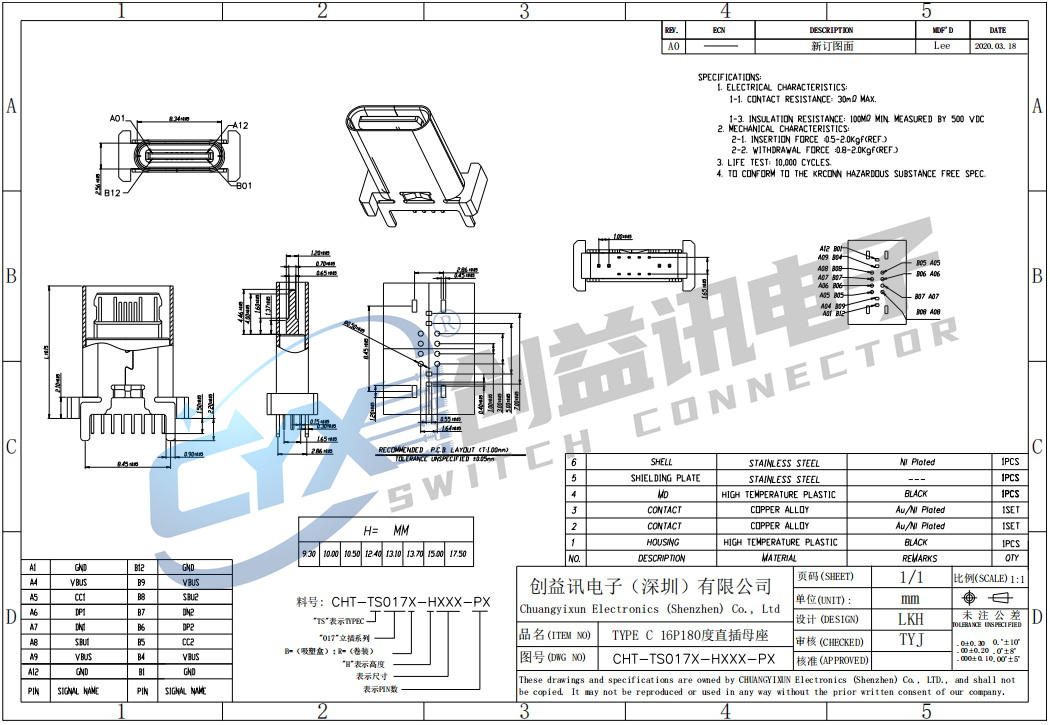 TYPE-C 16P180度直插母座 CHT-TS017X-HXXX-PX(圖1)