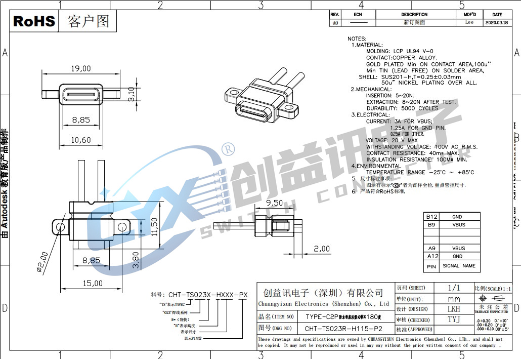 TYPE C 2P注塑焊線式帶耳帶線180 CHT-TS023B-H115-P2(圖1)