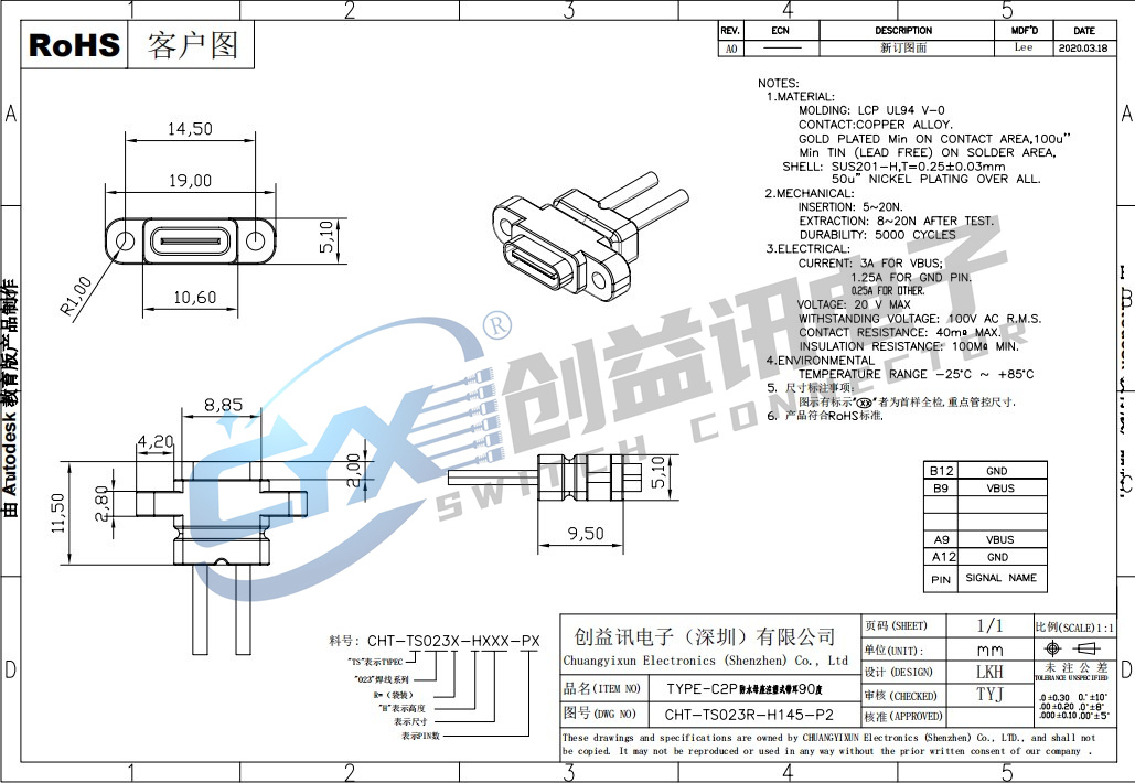 TYPE-C2P防水母座注塑帶耳90度 CHT-TS023R-H145-P2(圖1)