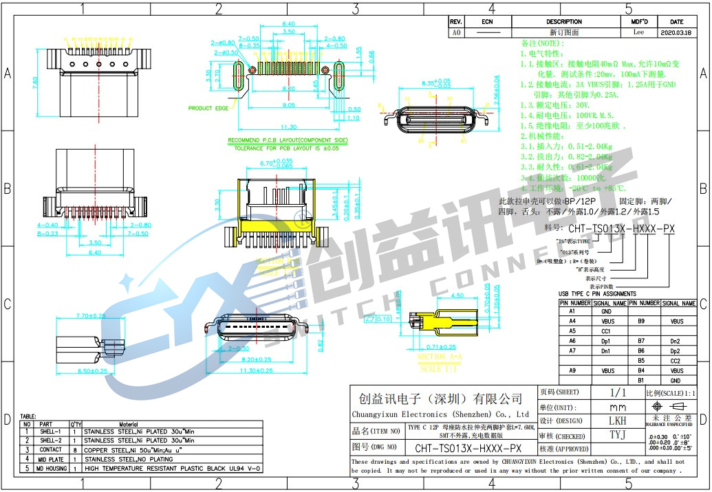 TYPE C 12P 母座防水拉伸殼兩腳護(hù)套L=7.6MM,CHT-TS013X-HXXX-PX(圖1)